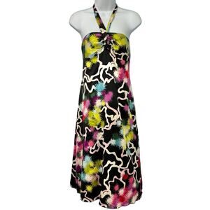 Trina Turk Y2K Abstract Black Pink Green Neon Silk Satin Halter Dress size 8